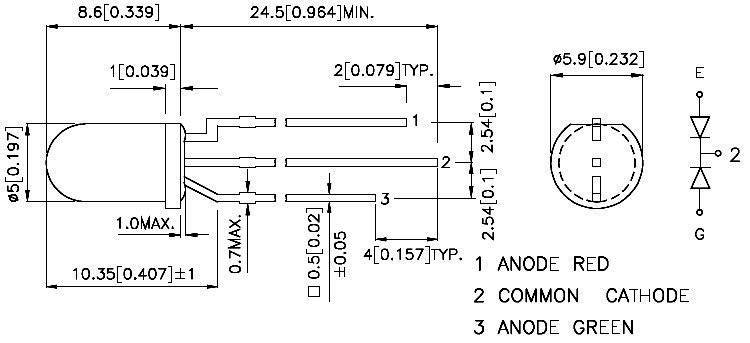 Elektrisches Schaltbild einer zweifarbigen LED mit Anode, Kathode und Messwerten. Diagramm zeigt Pin-Konfiguration und Anschlüsse.