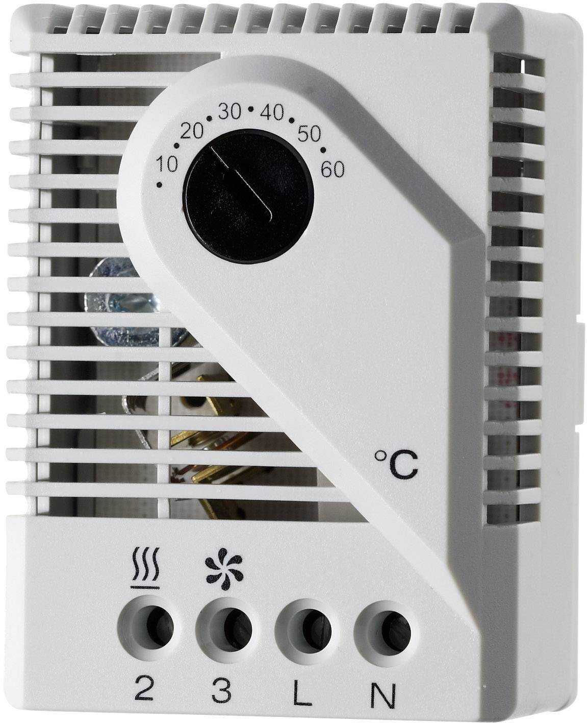 Thermostat mit Temperaturanzeige von 0 bis 60 Grad Celsius, vier Anschlussklemmen unten beschriftet mit Heiz-, Lüfter- und zwei Stromsymbolen.