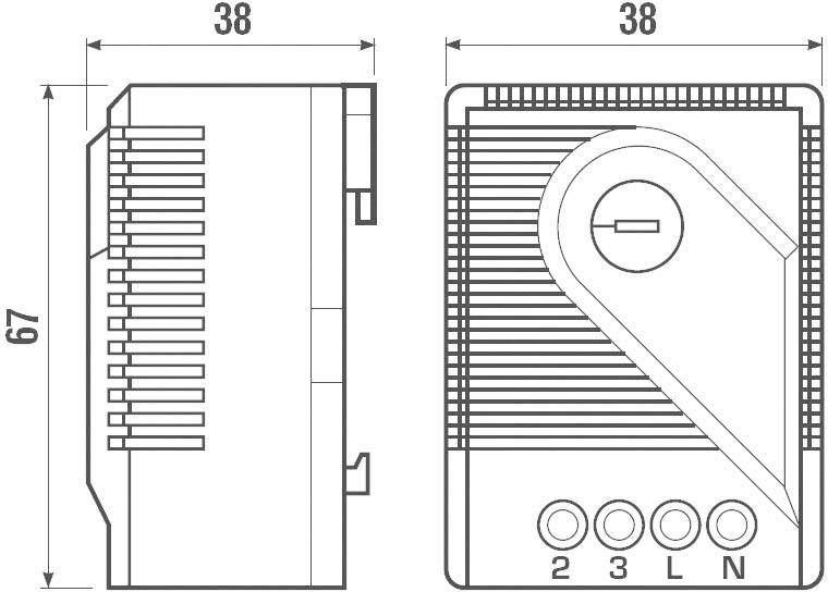 Technische Zeichnung eines elektrischen Bauteils mit den Maßen 38x67 mm, Anschlüssen '2', '3', 'L', 'N', und Seitenansicht.