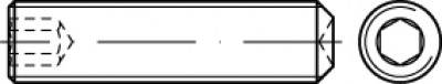 Technische Zeichnung einer Sechskantschraube mit Vorder- und Seitenansicht, Darstellung von Gewinde und Details der Schraubenkonstruktion.