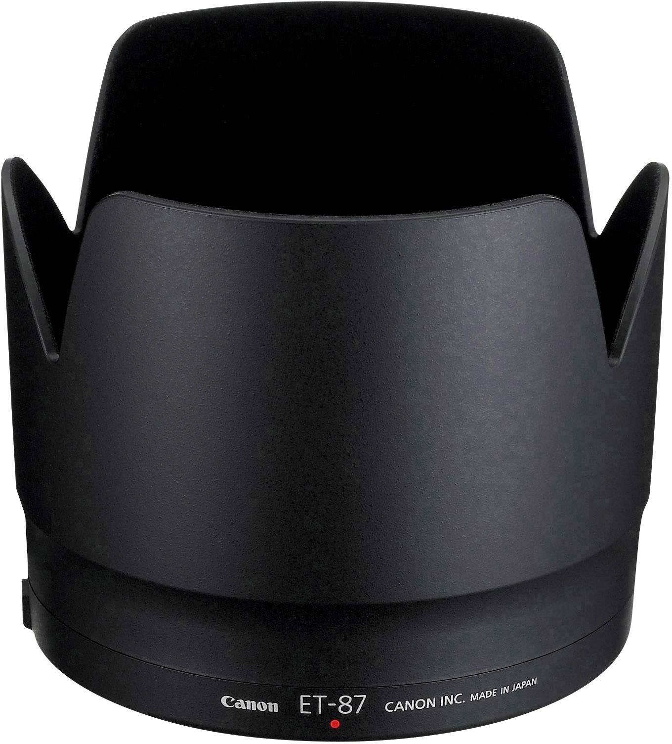 Eine schwarze Gegenlichtblende, Modell ET-87 von Canon, abgebildet mit angedeutetem gebogenen Design und Herstellerhinweis.
