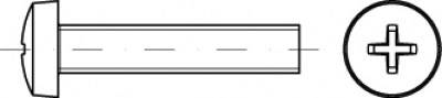 Liniendiagramm einer Schraube mit Kreuzschlitzkopf, seitliche und frontale Ansicht, zur Veranschaulichung von Baukomponenten.