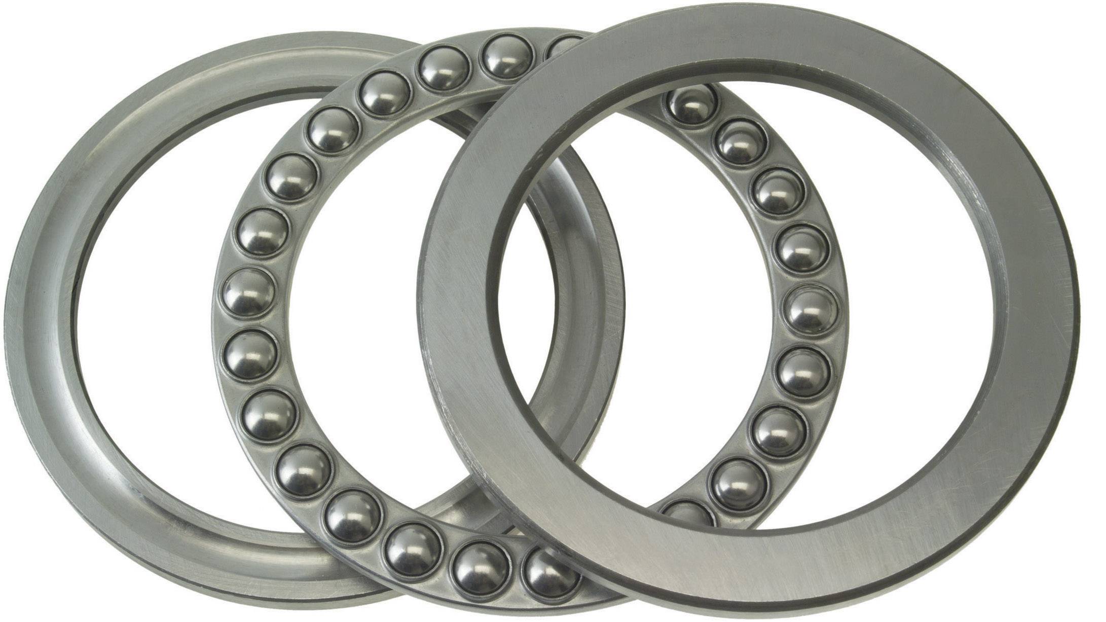Drei axiale Kugellager auf weißem Hintergrund. Die Lager bestehen aus Metallringen und Kugeln und sind nebeneinander angeordnet.