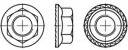 Drei technische Zeichnungen eines sechseckigen Mutternprofils mit Ansicht von oben, seitlich und unten, alle mit Symmetrieachsen.