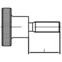 Technische Zeichnung eines zylindrischen Bauteils mit geriffeltem Kopf und schmalem Hals. Dient zur Veranschaulichung eines mechanischen Bauteils.