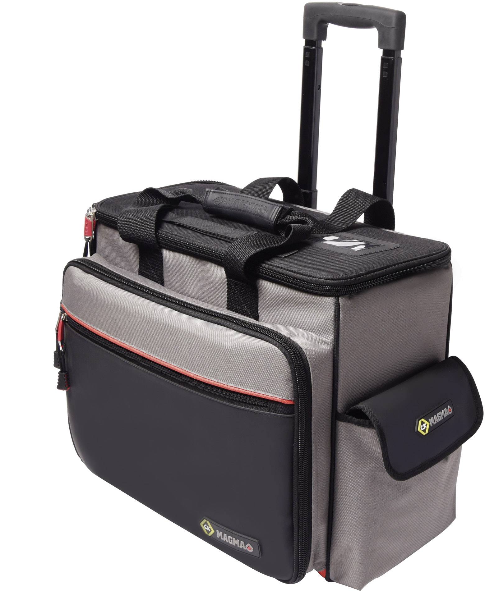 Kompakte, graue DJ-Tasche auf Rädern mit schwarzem Reißverschlussfach und seitlichem Logo-Emblem, geeignet zum Transport von Equipment.