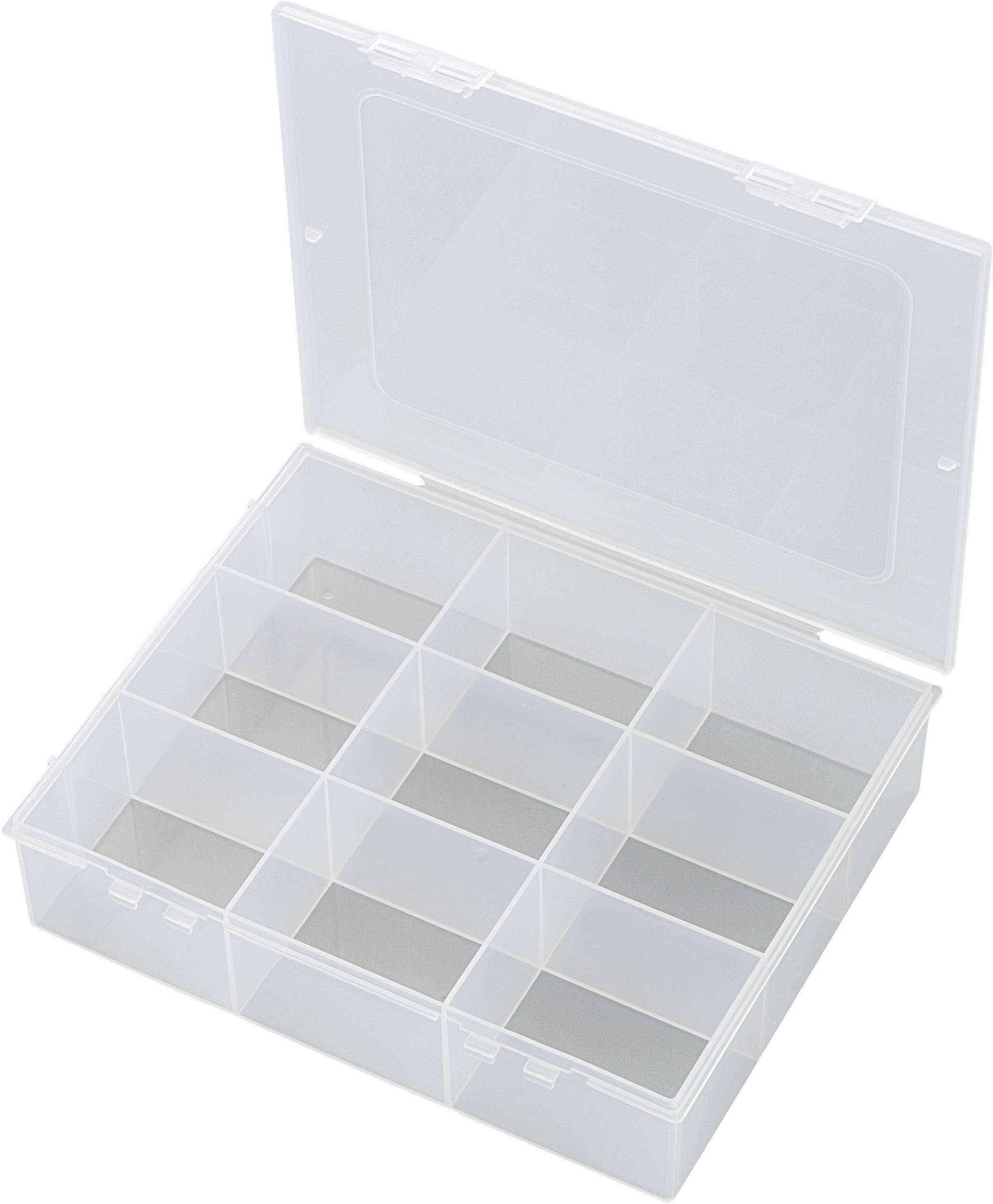 Transparente Kunststoffbox mit aufklappbarem Deckel und zwölf gleich großen Fächern zur Aufbewahrung kleiner Gegenstände.