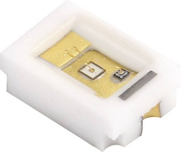 Kleine weiße LED-Komponente mit goldenen Kontakten, geeignet für die Verwendung auf Leiterplatten in elektronischen Geräten.