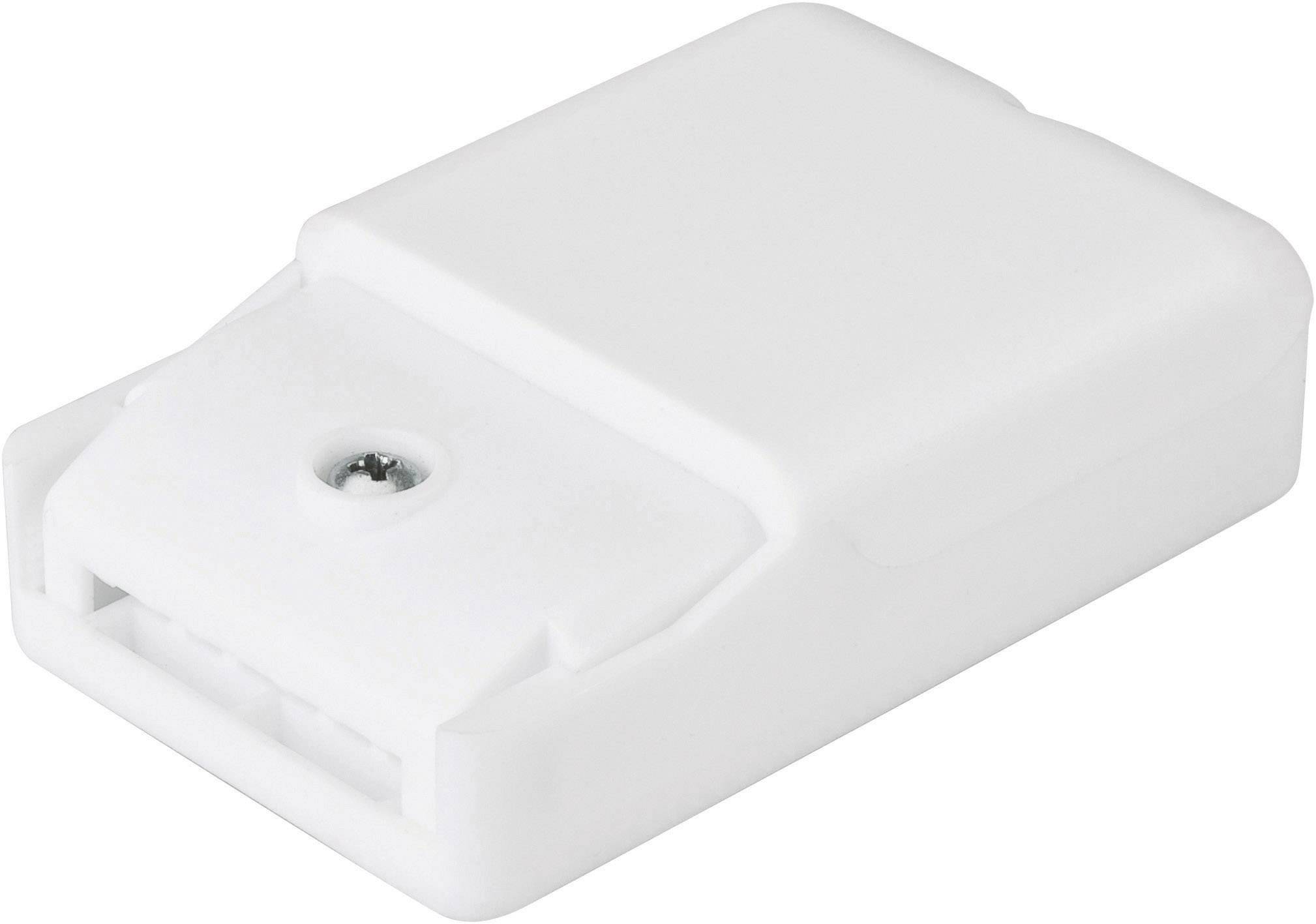 Ein rechteckiges, weißes Gehäuse mit einer sichtbaren Schraube oben. Es scheint ein technisches Gerät oder ein Adapter zu sein.