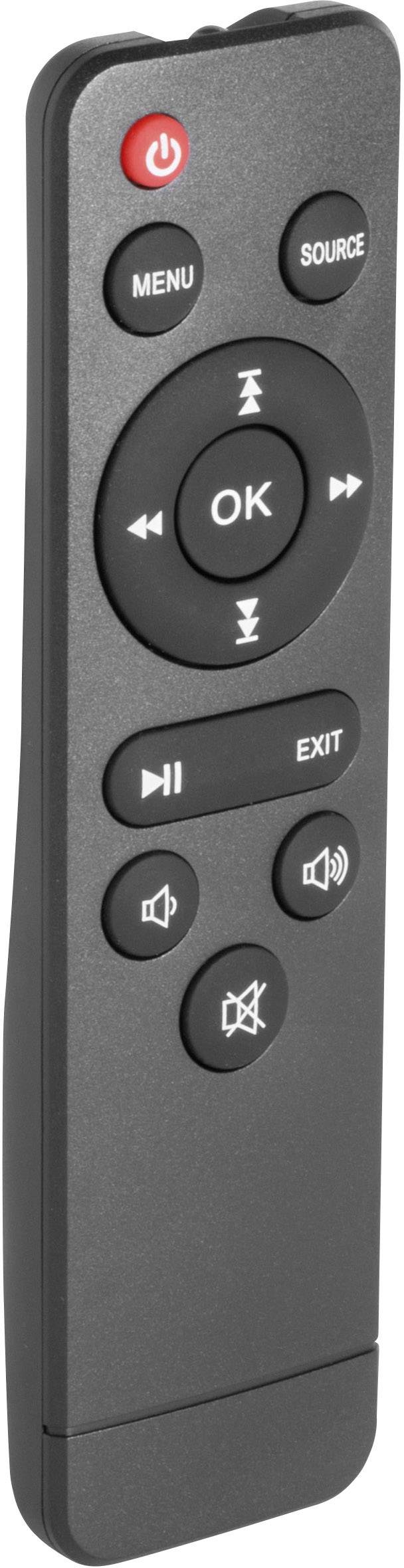Schwarze Fernbedienung mit Tasten: 'Menü', 'Quelle', 'OK', 'Exit', Lautstärke, und roter Ein/Aus-Knopf oben.