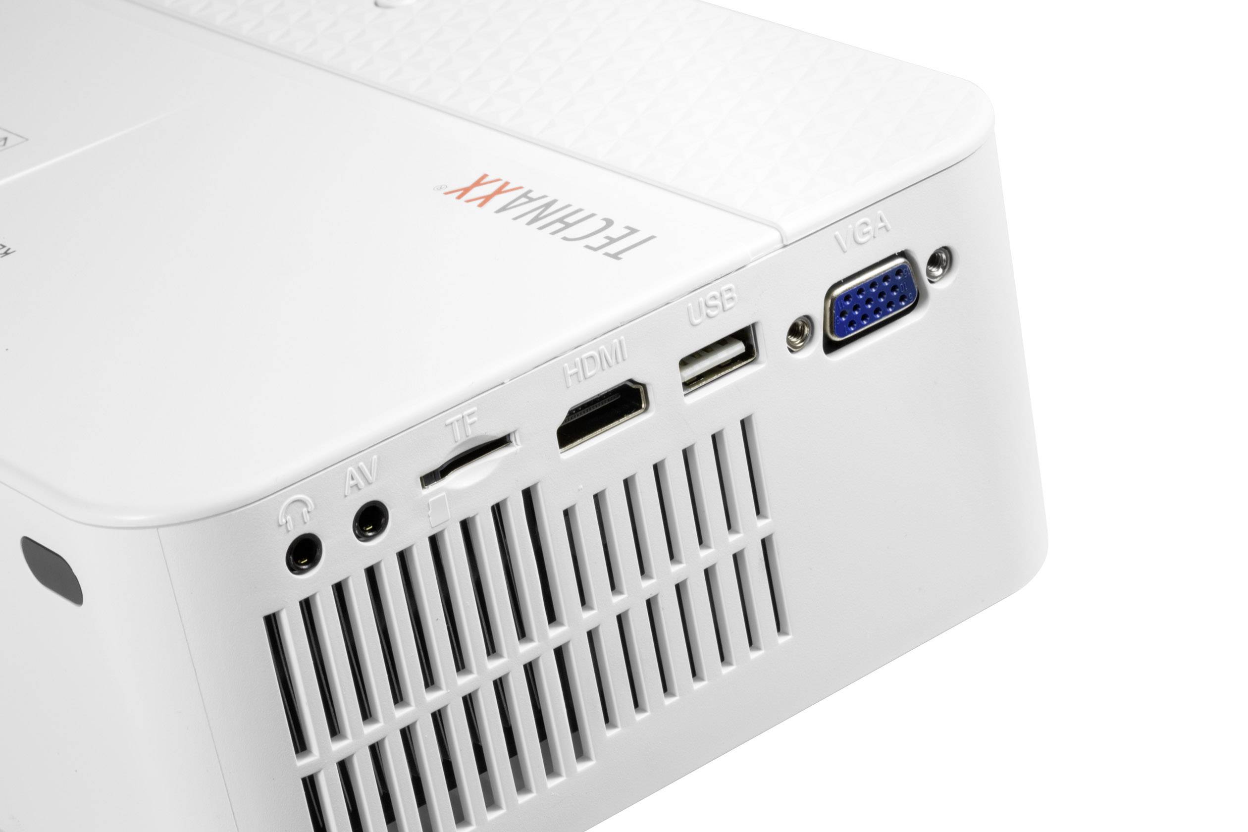 Nahaufnahme eines Projektors mit Anschlüssen: AV, TF, HDMI, USB und VGA. Markenname auf dem Gehäuse sichtbar.