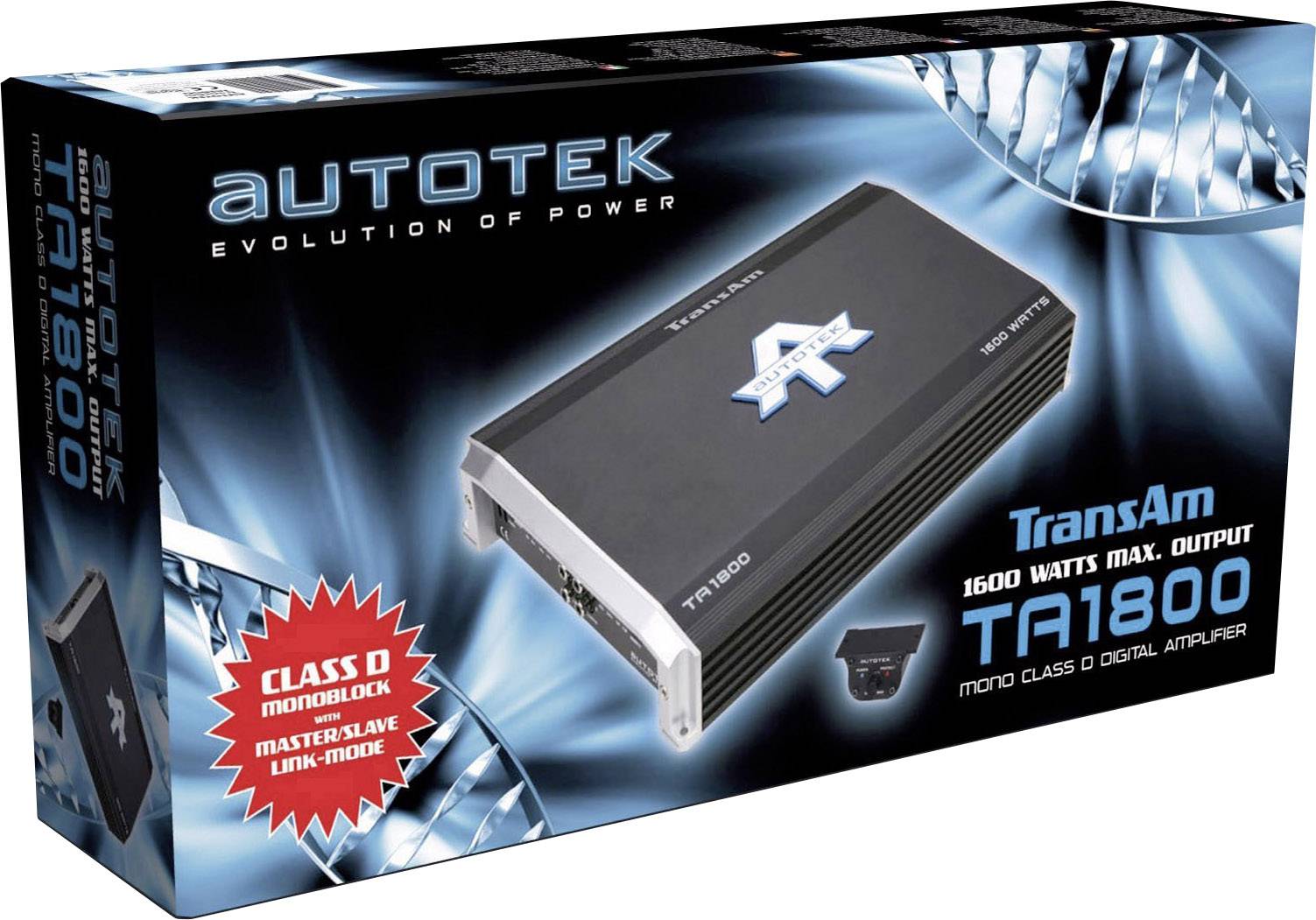 Verpackung eines Autotek TransAm TA1800 Mono Class D Digitalverstärkers. Text auf der Box: '1600 Watts Max. Output', 'CLASS D MONOBLOCK'.