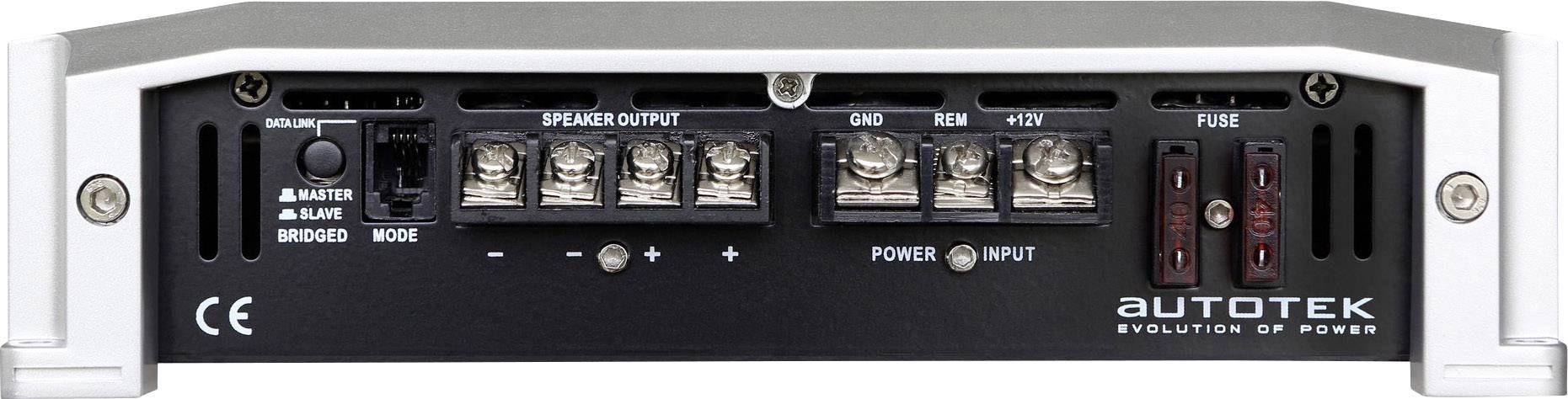 Rückseite eines Autoverstärkers mit Anschlüssen für Lautsprecher, Stromkabel und Sicherung. Markierung 'AUTOTEK EVOLUTION OF POWER'.