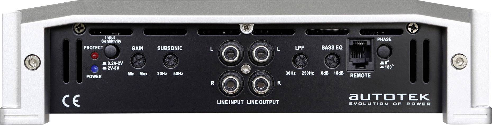 'Autotek' Verstärker-Rückseite mit Einstellungen für Schutz, Gain, Subsonic, LPF, Bass EQ und Phasenschalter. Strom- und Audio-Anschlüsse.