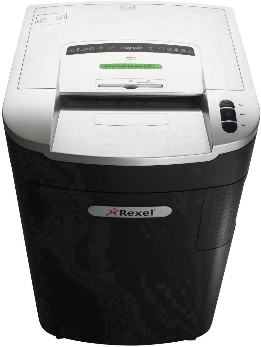 Ein elektrischer Aktenvernichter der Marke Rexel. Schlitze zum Auswerfen von Papierstreifen befinden sich oben. Geeignet für Büronutzung.