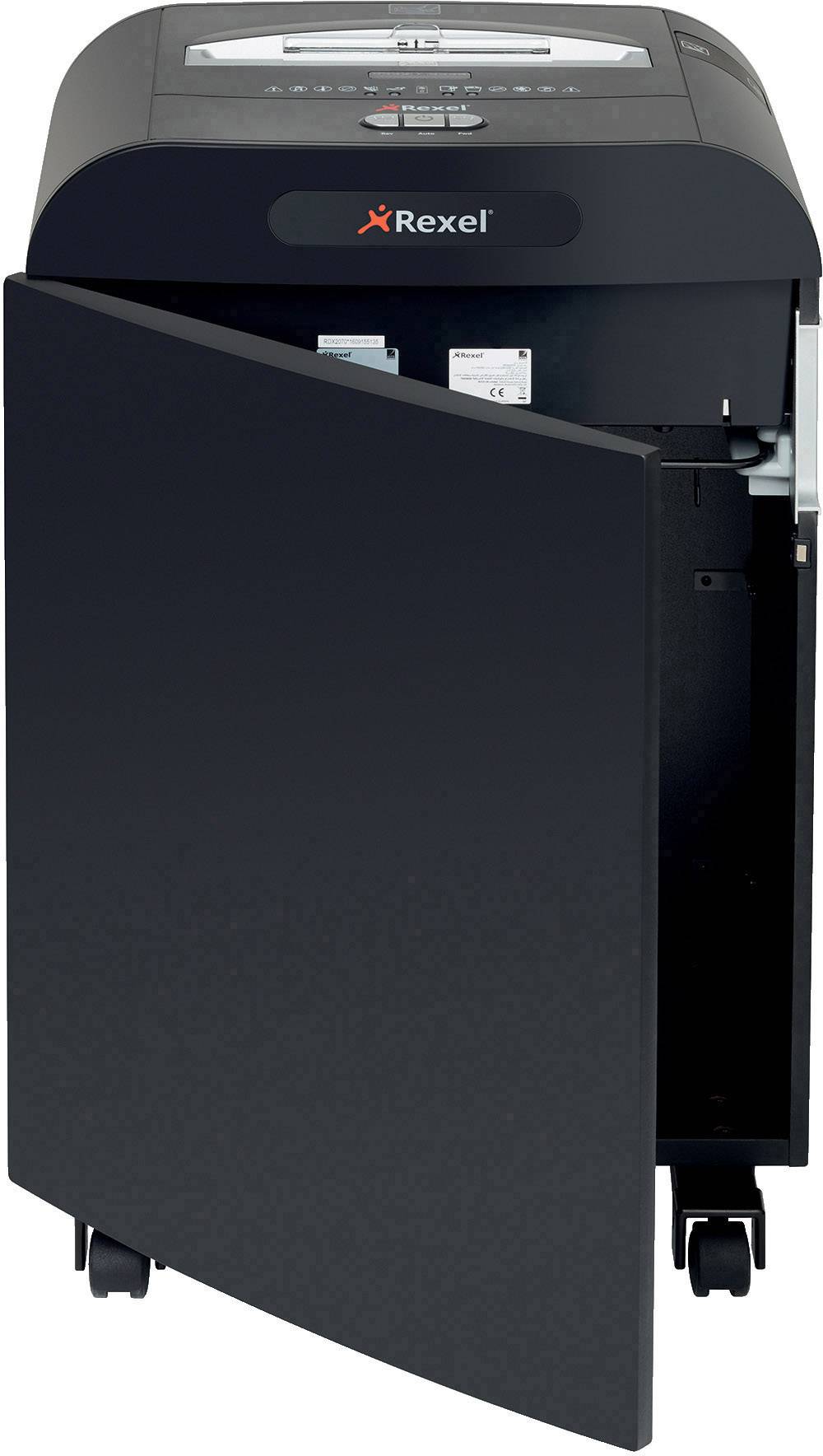 Ein geöffneter Büroaktenvernichter auf Rollen, Marke Rexel. Die Schneidwerkzeuge und der abnehmbare Papierkorb sind sichtbar.