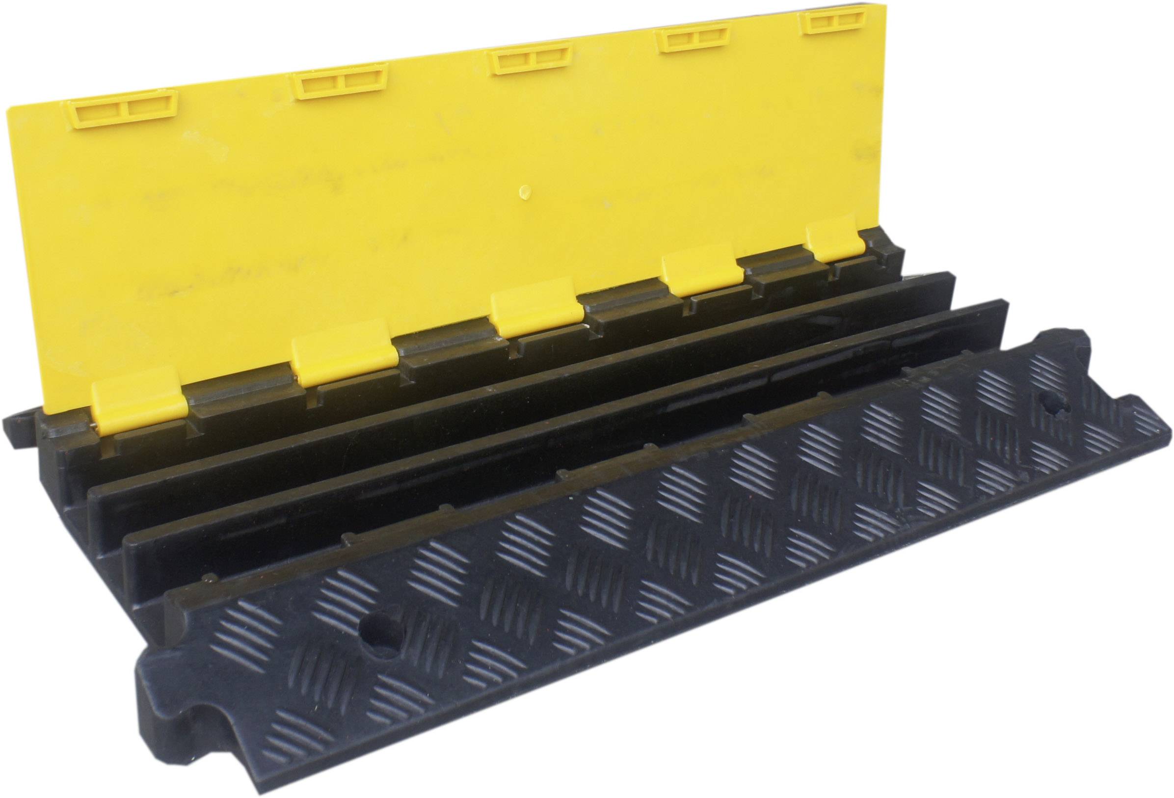 Ein gelber Kabelbrückenschutz mit schwarzer Basis, geeignet zum Schutz von Kabeln in stark frequentierten Bereichen.