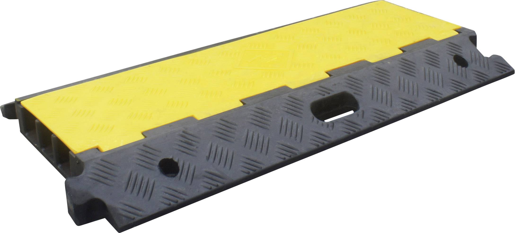 Ein gelber Kabelbrückenschutz aus Kunststoff mit schwarzen rutschfesten Kanten, geeignet zur Sicherung von Kabeln auf dem Boden.