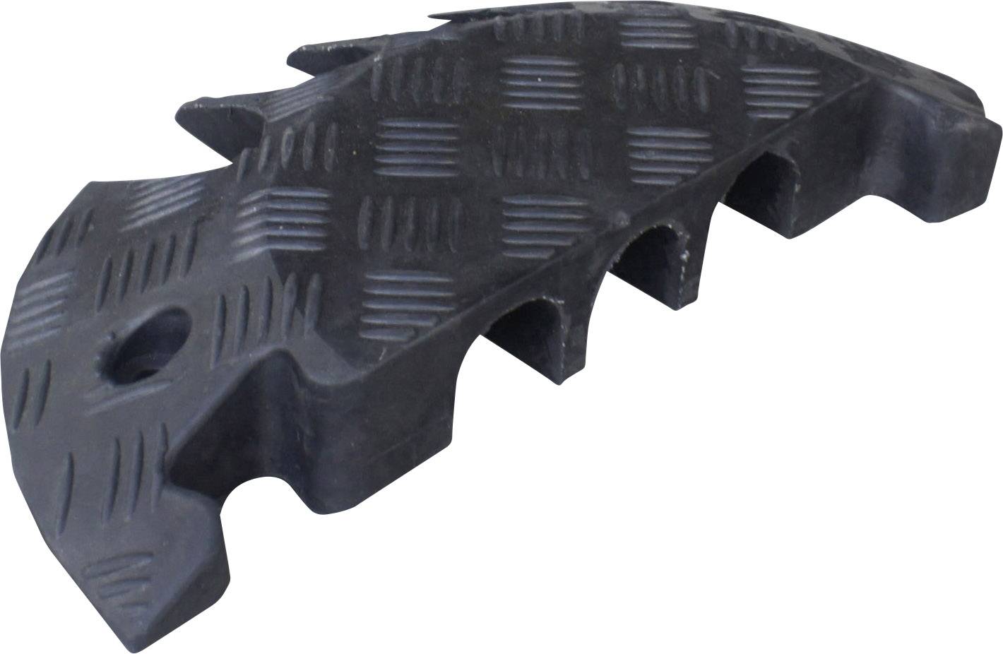 Ein schwarzes, geriffeltes Gummielement mit mehreren runden Aussparungen und schrägen Kanten. Eignet sich für den Schutz von Kabeln auf dem Boden.