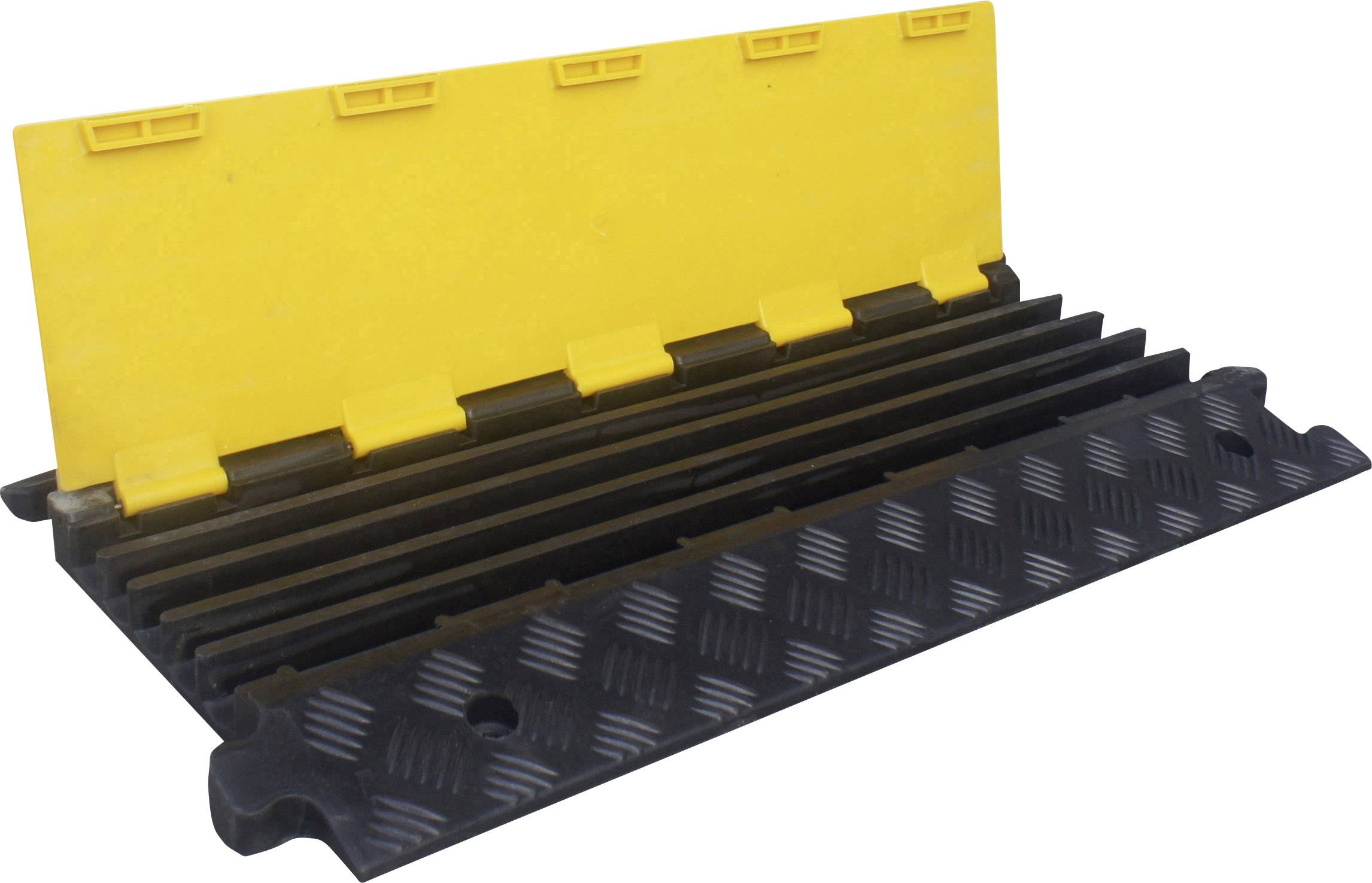 Ein gelber Kabelbrücken-Kanal mit Klappdeckel in Schwarz und Gelb, verwendet zum Schutz von Kabeln oder Schläuchen auf dem Boden.