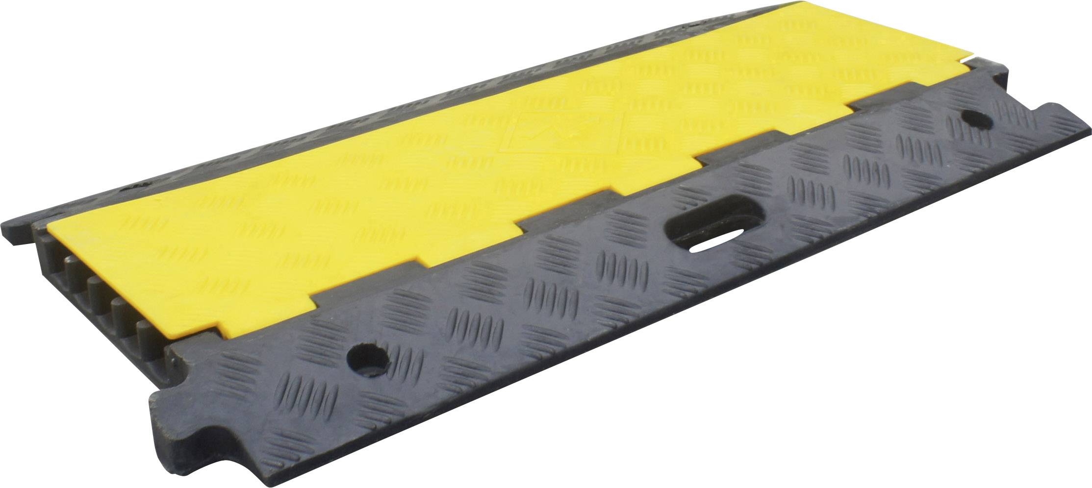 Ein Kabelkanal mit einer gelben Abdeckung und einem schwarzen Unterteil, verwendet zum Schutz und zur Ordnung von Kabeln auf dem Boden.