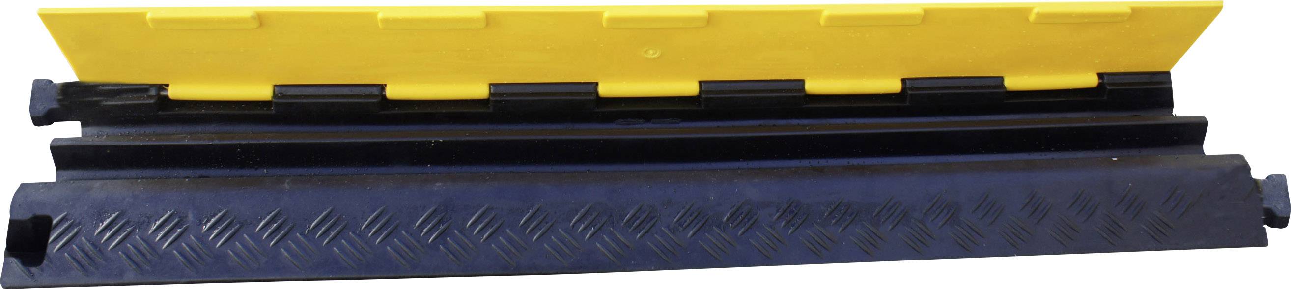 Ein Kabelbrückenschutz aus Kunststoff, gelb und schwarz, mit Rillenstruktur für sicheren Kabeldurchgang. Gezeigt von oben.