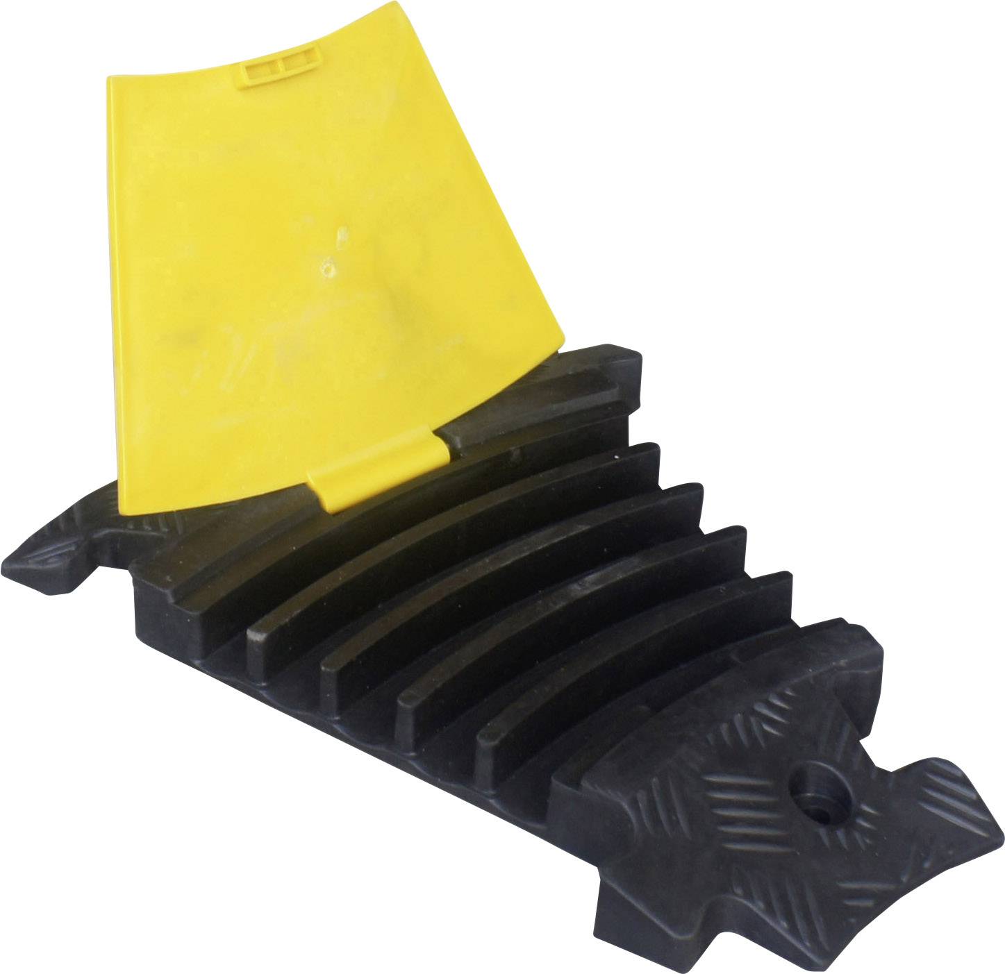 Ein gelber Kabelbrückenkanal mit einem klappbaren Deckel aus schwarzem Gummi, der Kabel sicher abdeckt und verhindert, dass man darüber stolpert.