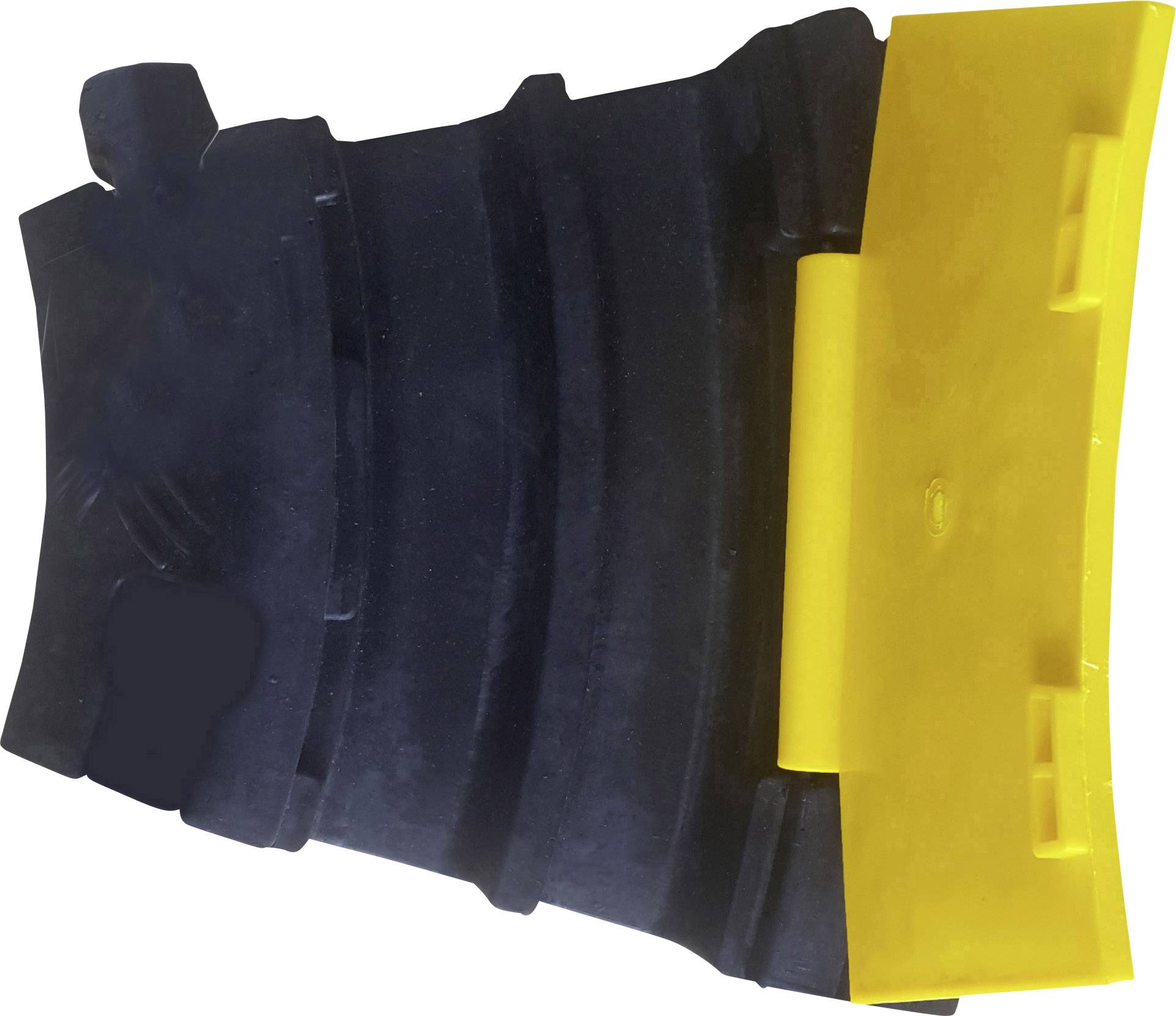 Eine gelbe und schwarze Keilrampe für Fahrzeuge, die verwendet wird, um Höhenunterschiede zu überwinden und die Reifen anzuheben.