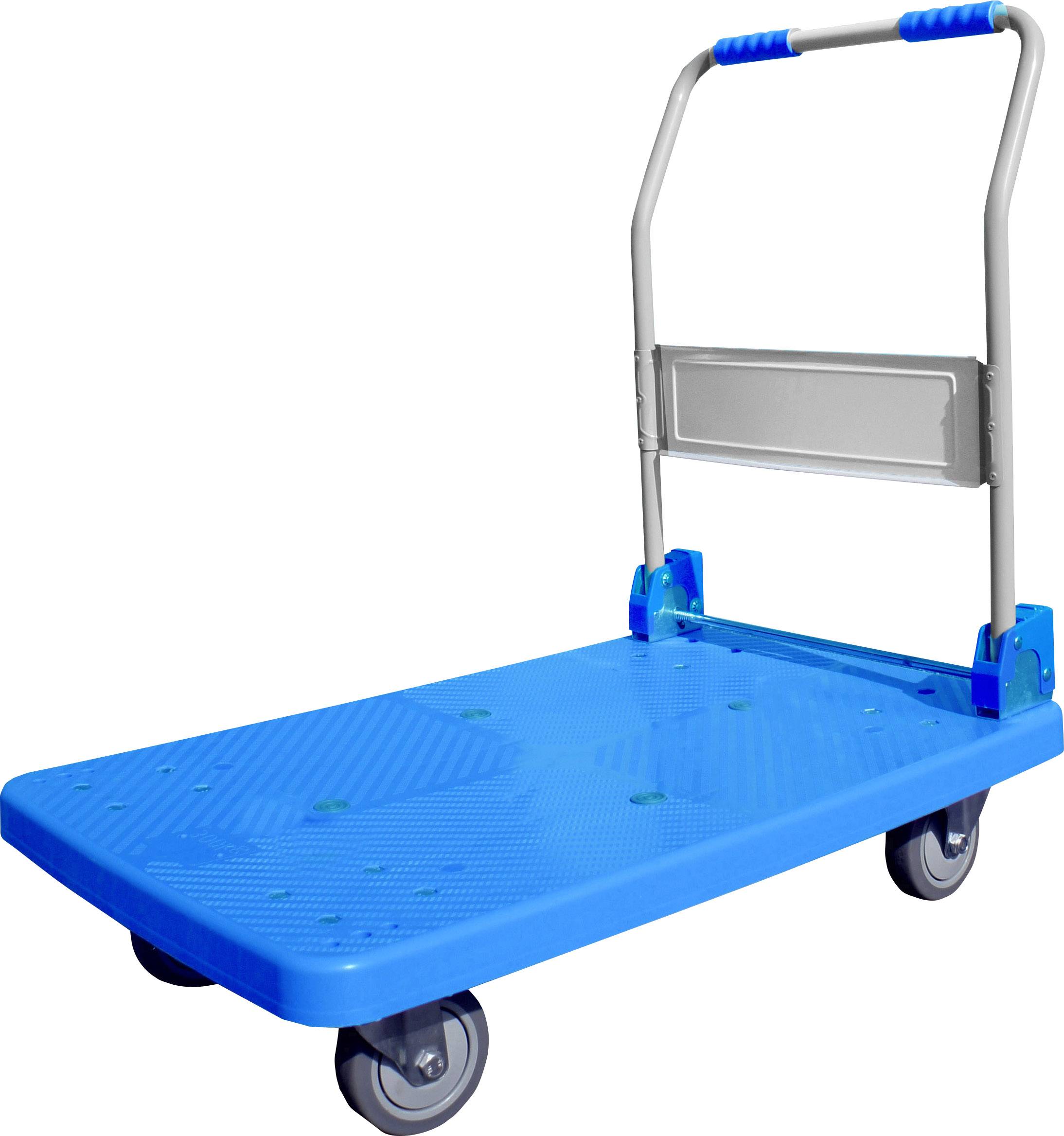 Ein blauer Transportwagen mit Metallgriff, vier Rädern und einer flachen Plattform für den Transport von Lasten.