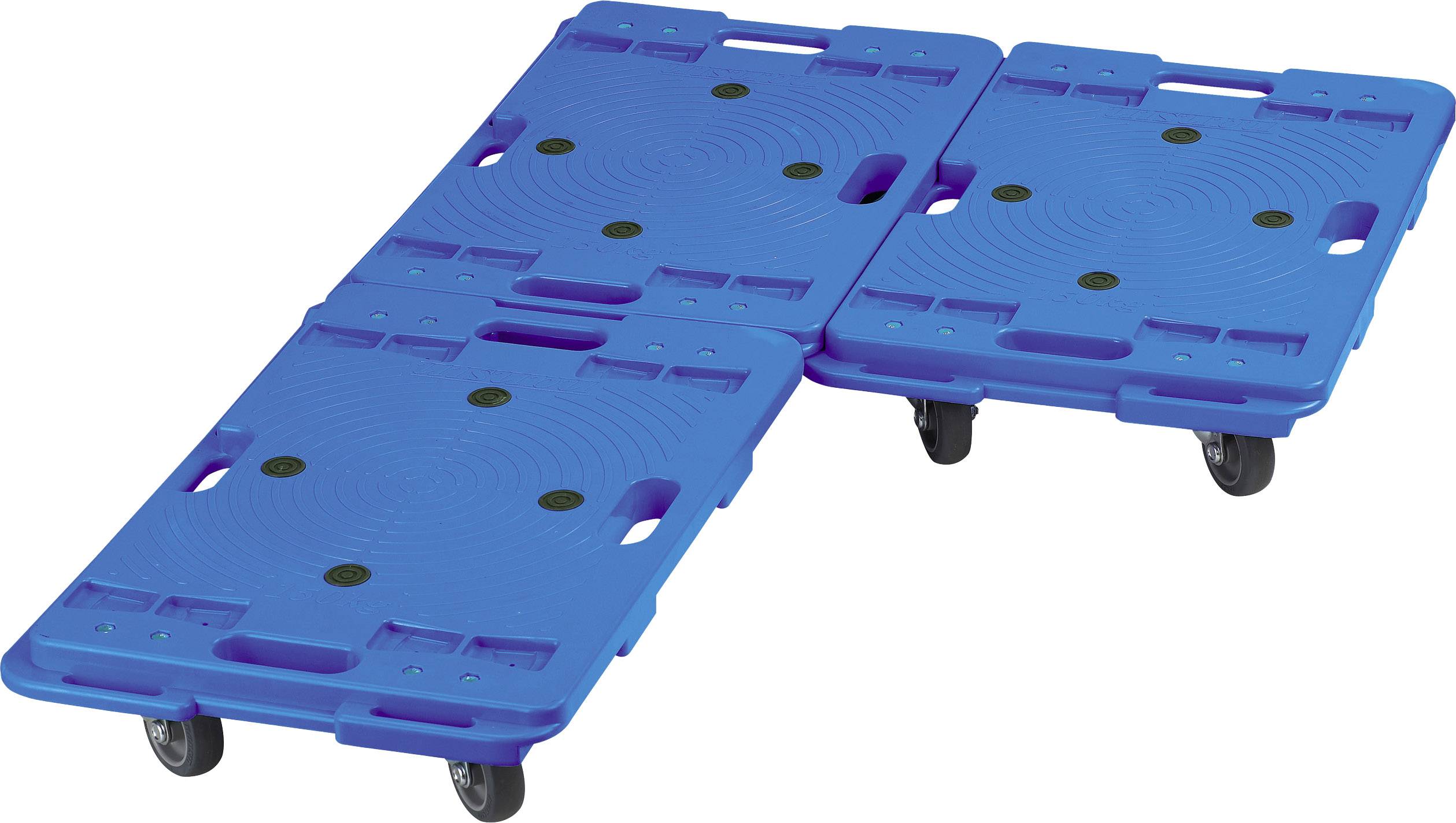 Zwei blaue Rollbretter sind miteinander verbunden. Sie haben jeweils vier schwarze Räder.