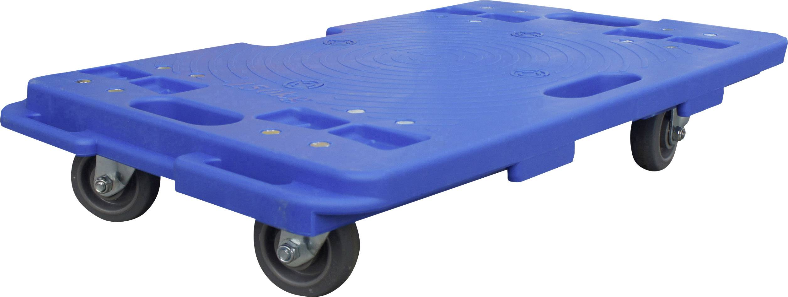 Blauer Rollwagen mit vier drehbaren Rädern, geeignet zum Transportieren schwerer Gegenstände. Ideal für Lager und Werkstätten.