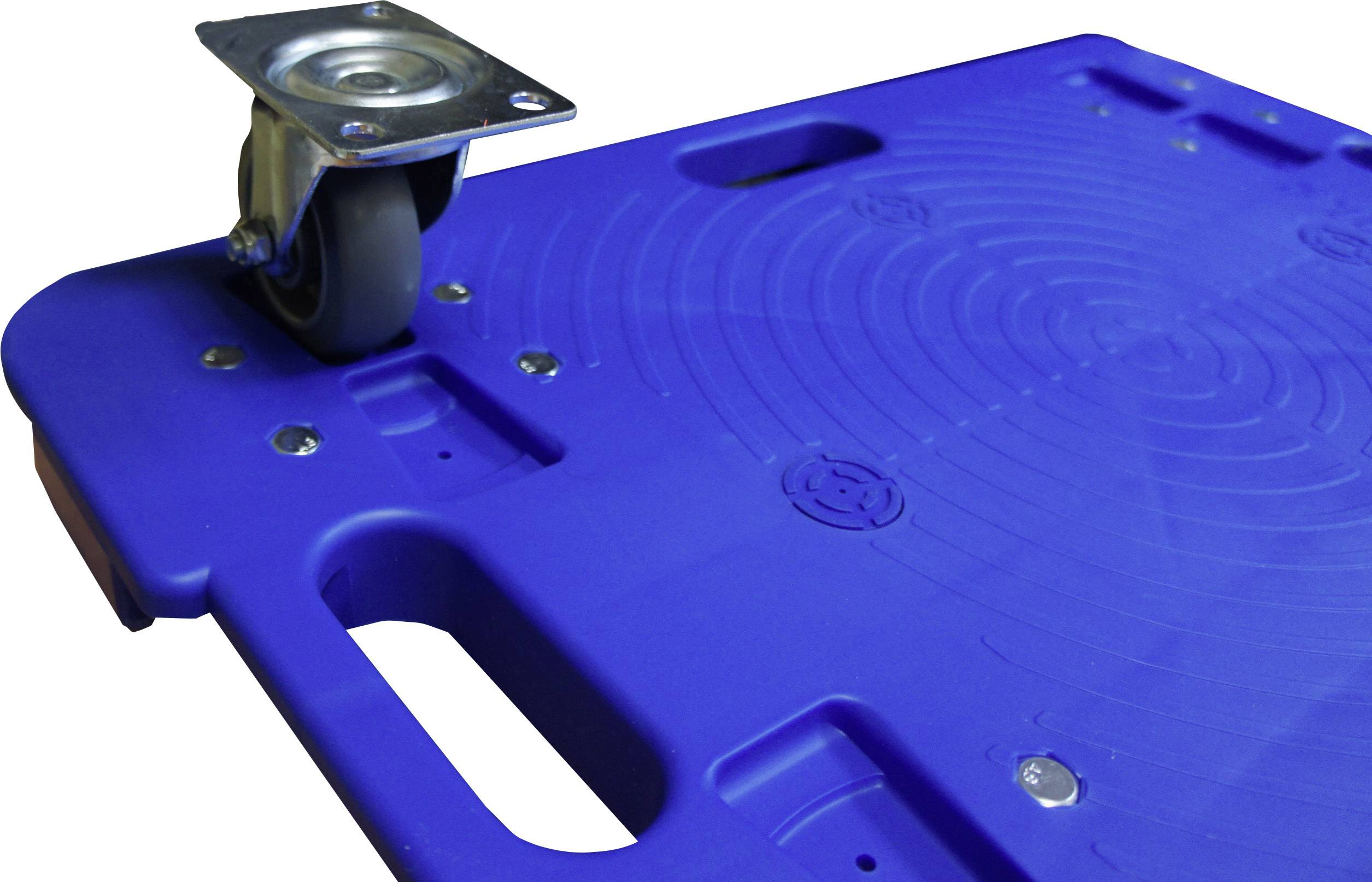 Blaues, robustes Möbelrollenbrett mit Tragegriffen und einer schwenkbaren Rolle, geeignet zum Transport schwerer Gegenstände.