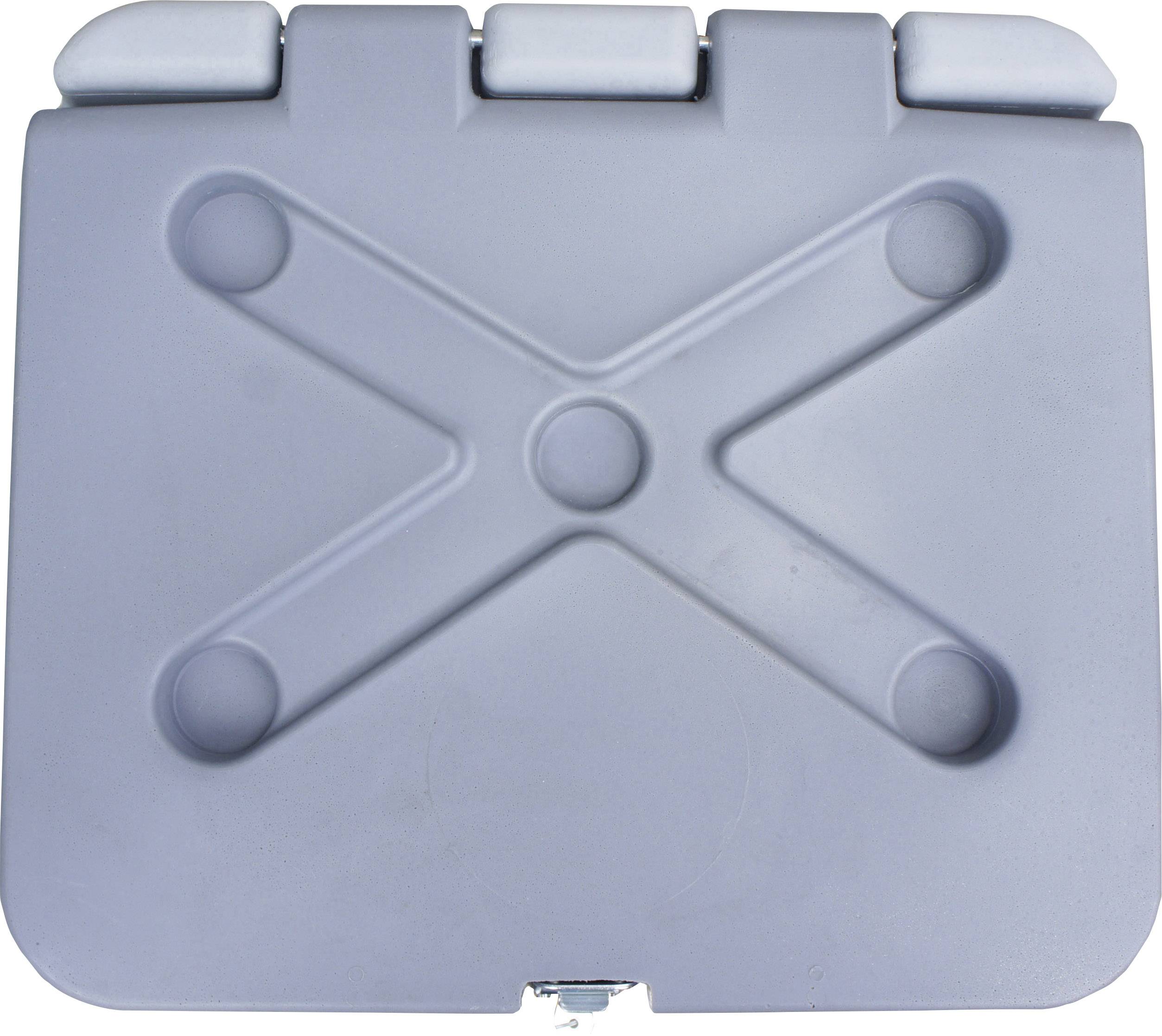 Grauer Kunststoffdeckel eines großen Behälters mit erhabenem 'X'-Muster, umgeben von vier runden Erhöhungen.