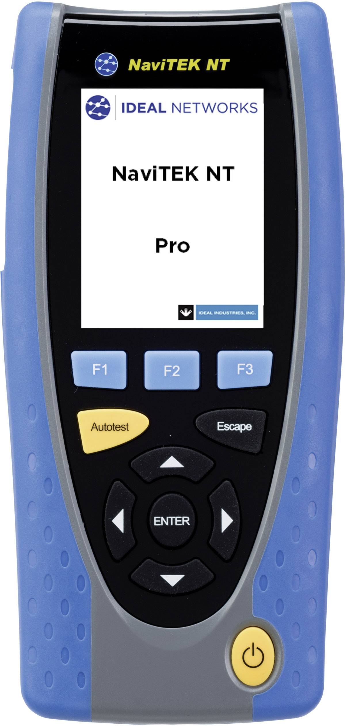 Ein blau-schwarzes Handgerät mit Tasten zur Netzwerktestung. Der Bildschirm zeigt 'NaviTEK NT Pro' von 'IDEAL NETWORKS'.
