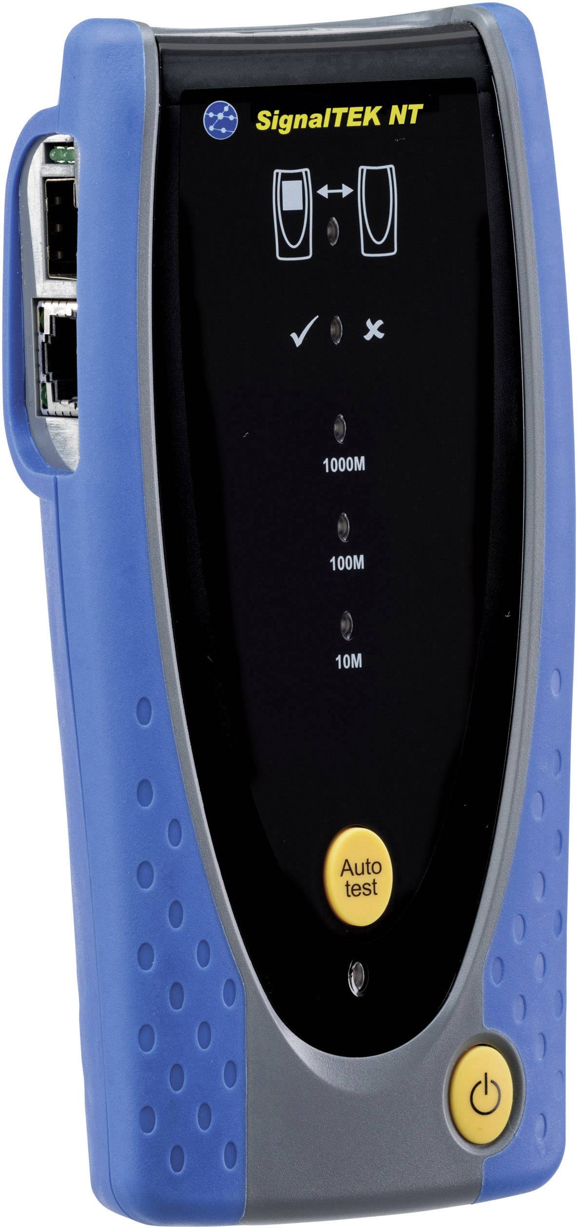 Ein blau-schwarzes Handgerät zur Netzwerktests namens 'SignalTEK NT' mit gelben Tasten für Auto-Test und Ein/Aus.