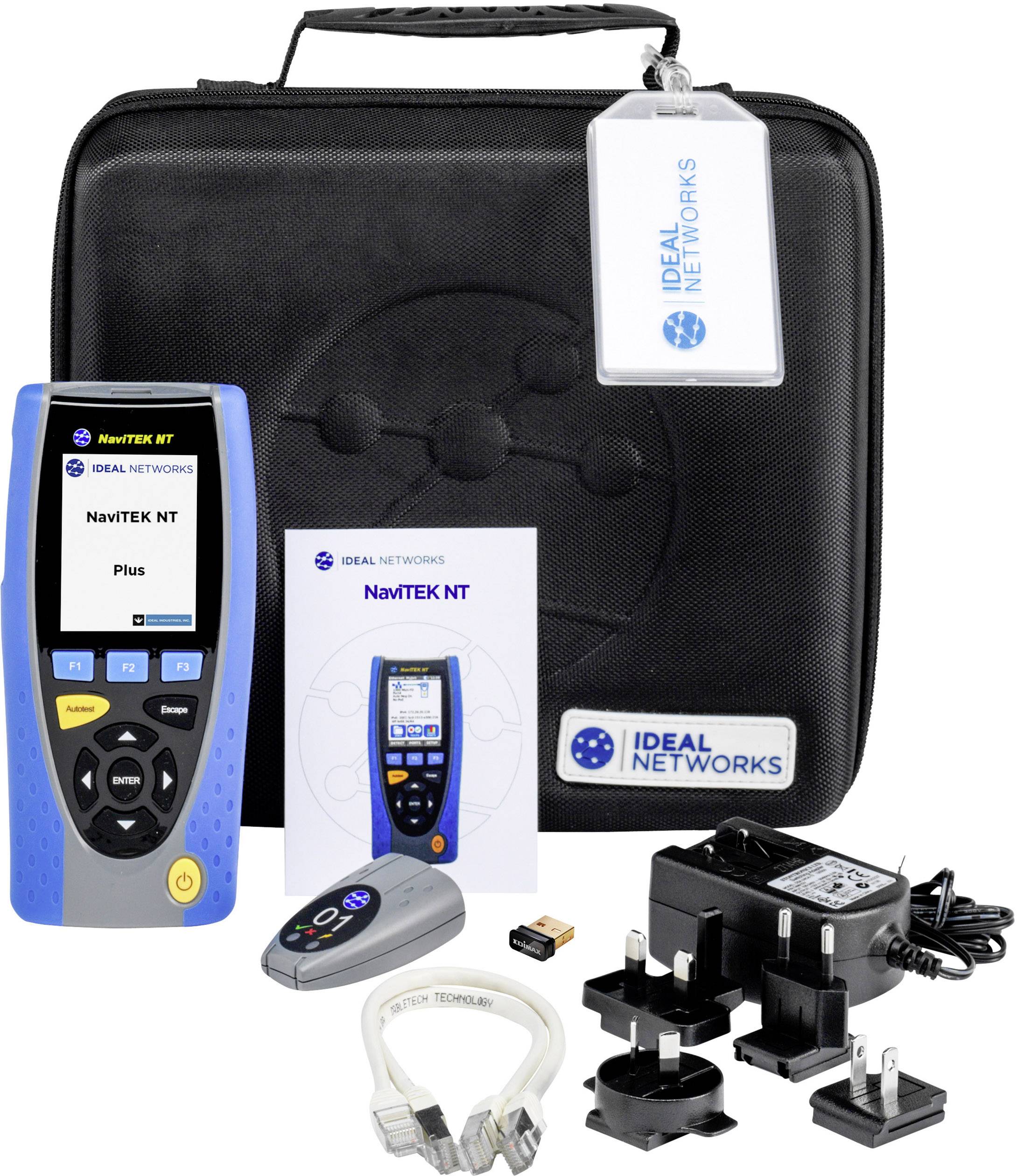 Tragbare Netzwerktester-Set 'NavTEK NT' von Ideal Networks, inklusive Gerät, Transporttasche, Netzteile, Handbuch und Kabel.