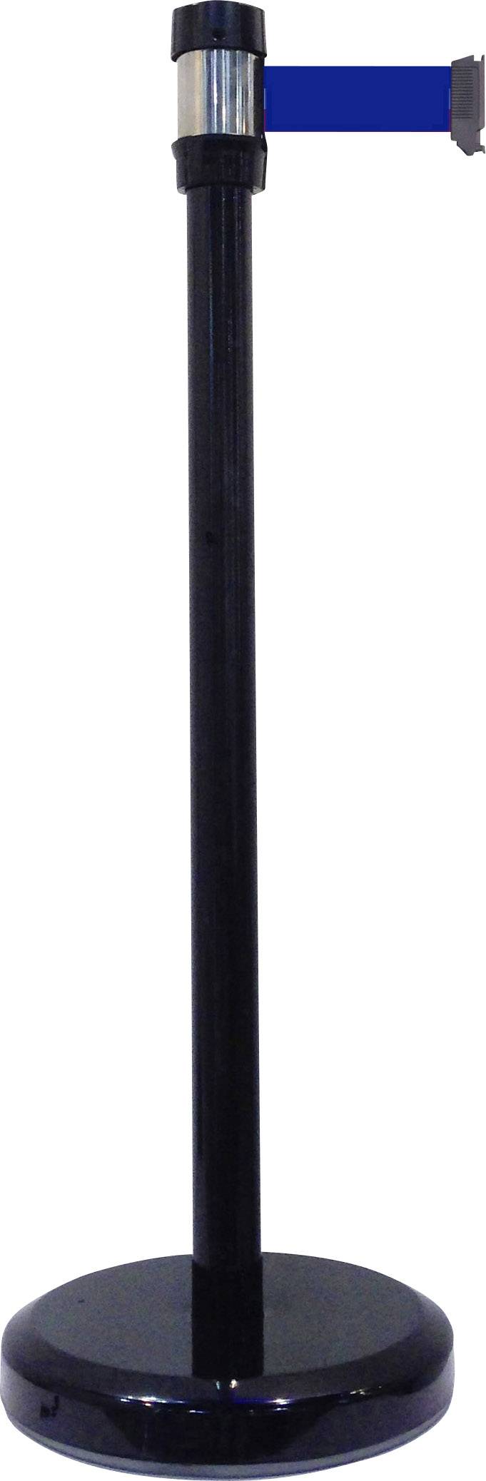 Schwarzer Absperrpfosten mit blauer, ausziehbarer Bande zur Personenlenkung in öffentlichen Bereichen.