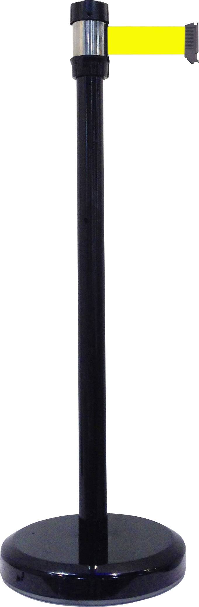 Schwarzer Absperrpfosten mit einem gelben, ausziehbaren Band an der Spitze, typischerweise zur Besucherlenkung in öffentlichen Bereichen verwendet.