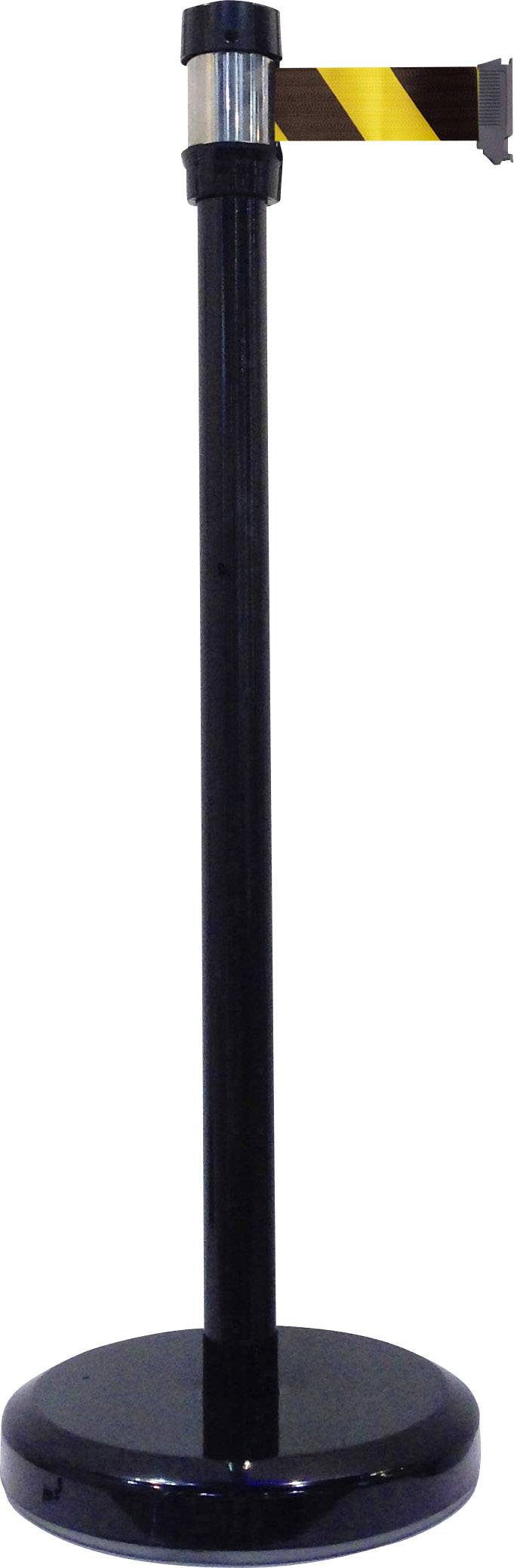 Ein schwarzer Absperrpfosten mit einem gelb-schwarzen Band, das zum Absperren oder Leiten von Personenströmen verwendet wird.