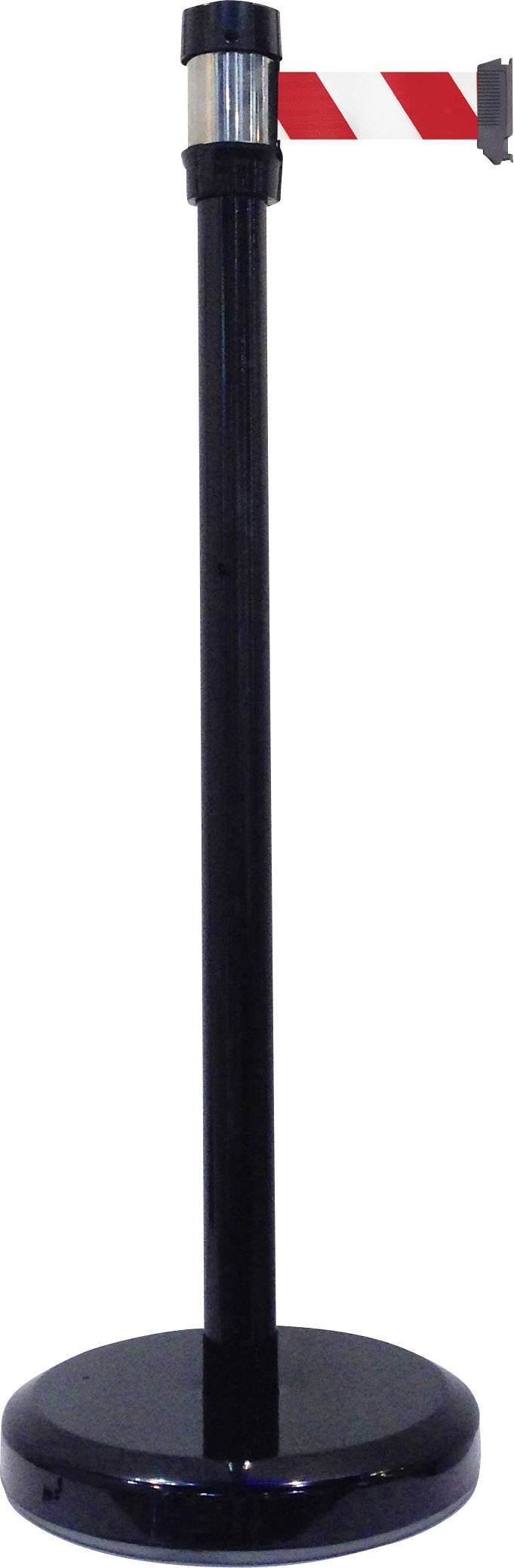 Schwarzer Absperrpfosten mit rot-weißem Band, häufig zur Kontrolle von Menschenmengen in öffentlichen Bereichen verwendet.