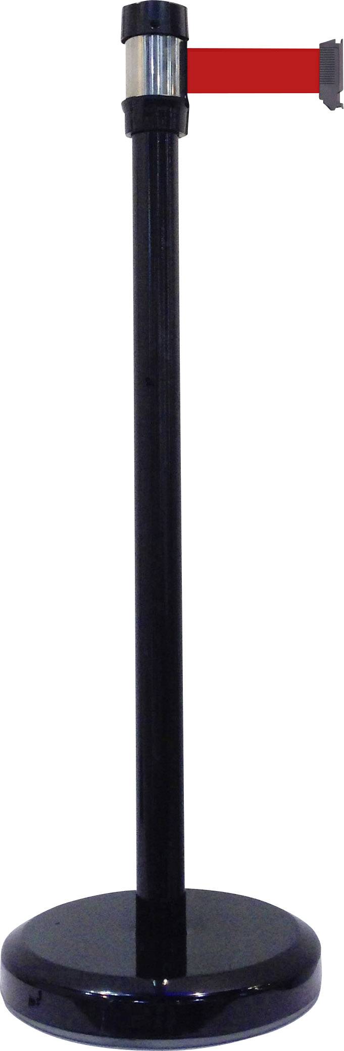 Schwarzer Absperrpfosten mit ausziehbarem, rotem Band zur Personenlenkung oder Abgrenzung von Bereichen.