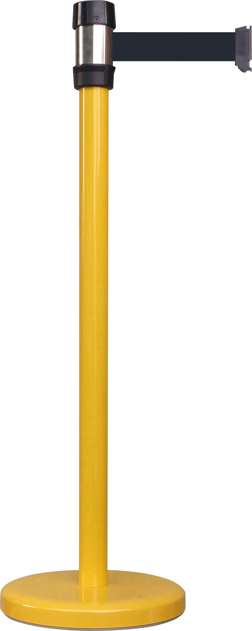 Gelber Absperrpfosten mit schwarzem Gurt, verwendet zur Zugangsregelung in öffentlichen oder privaten Bereichen.