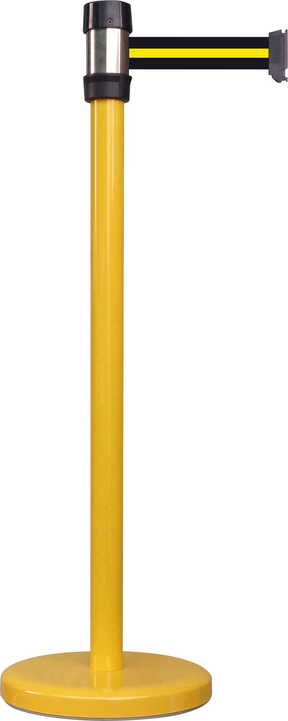 Gelber Absperrpfosten mit ausziehbarem schwarzem Band, für die Zugangskontrolle oder zur Abgrenzung von Bereichen geeignet.