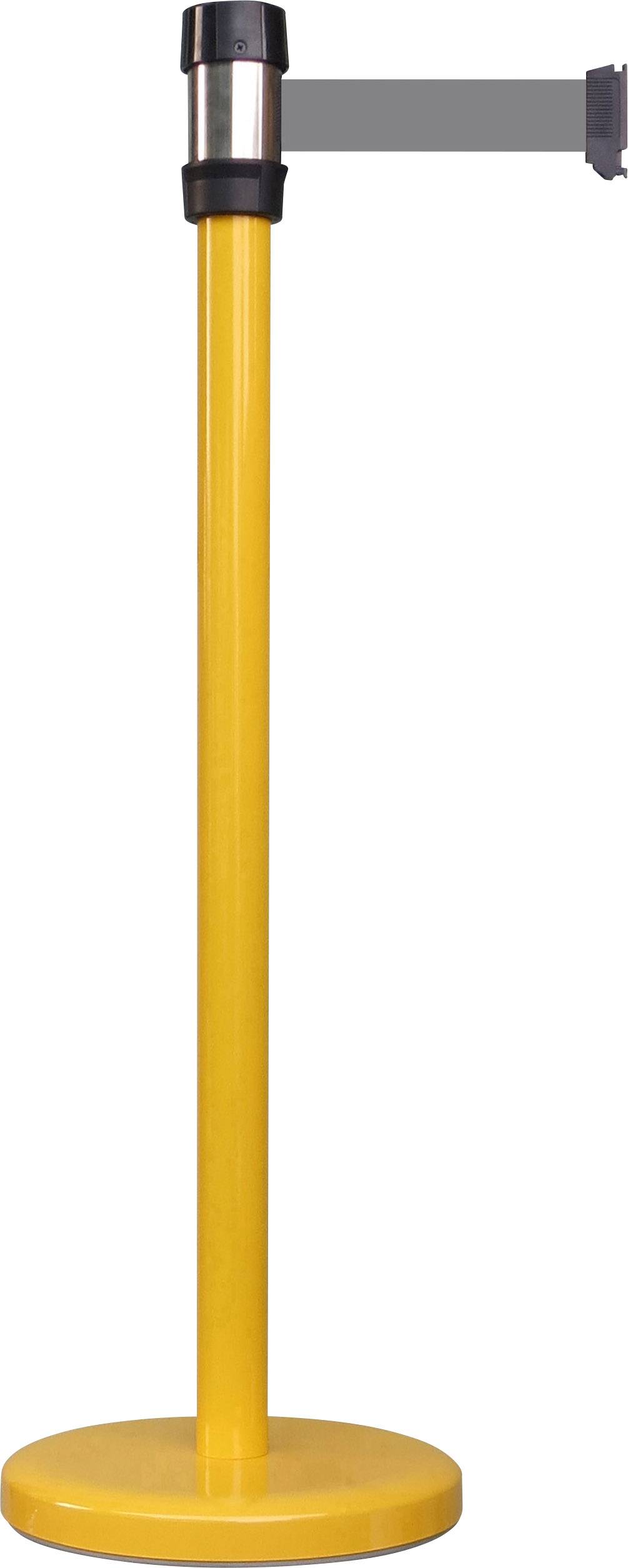 Gelbe Absperrständer mit schwarzem Gurtband, zur Verwendung in Bereichen mit begrenztem Zugang oder zur Leitung von Menschenmengen.