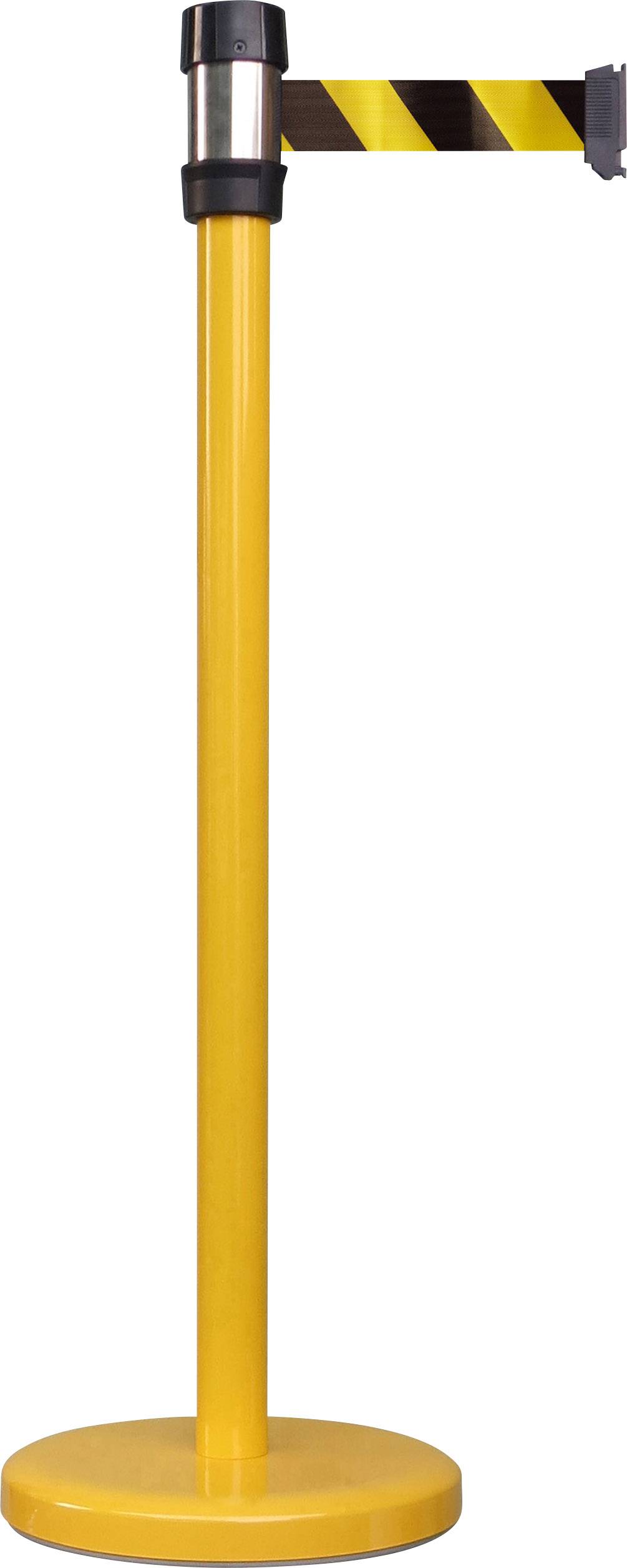 Ein gelber Absperrpfosten mit schwarz-gelbem Absperrband, oft verwendet zur Zugangskontrolle oder zur Absperrung von Bereichen.