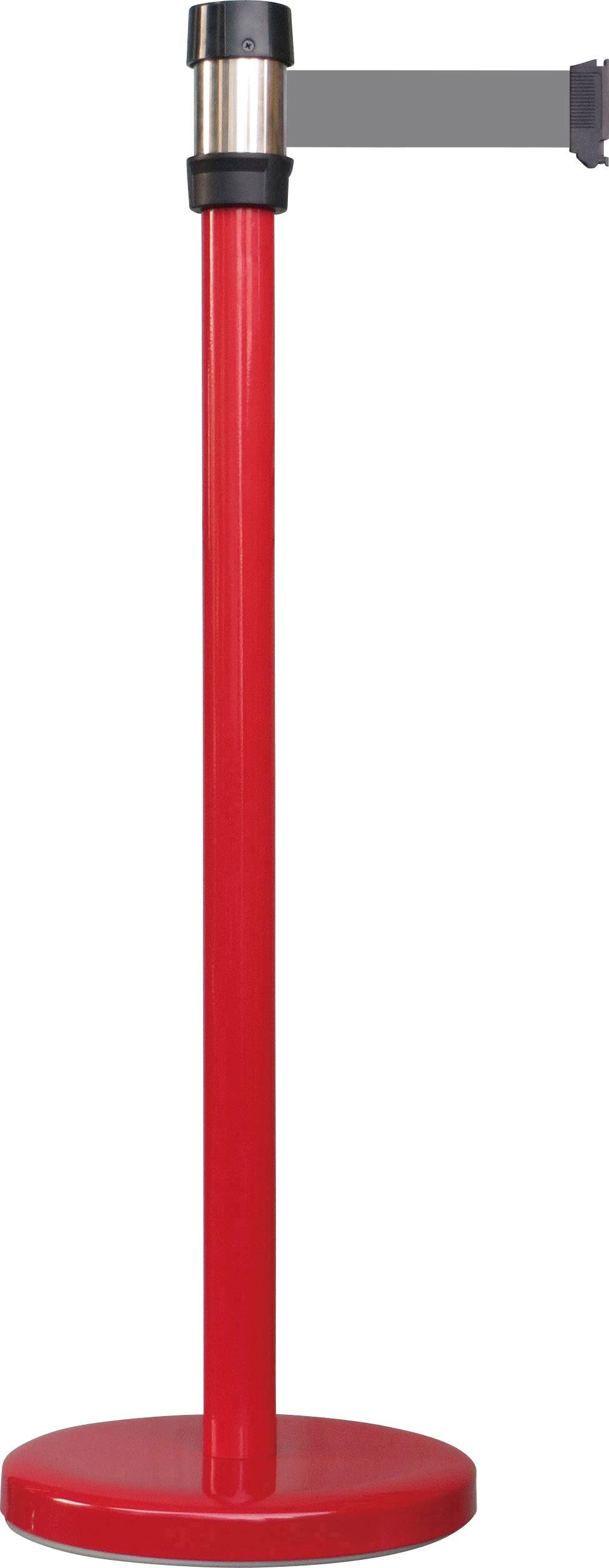 Roter Personenleitsystempfosten mit schwarzem Gurt.