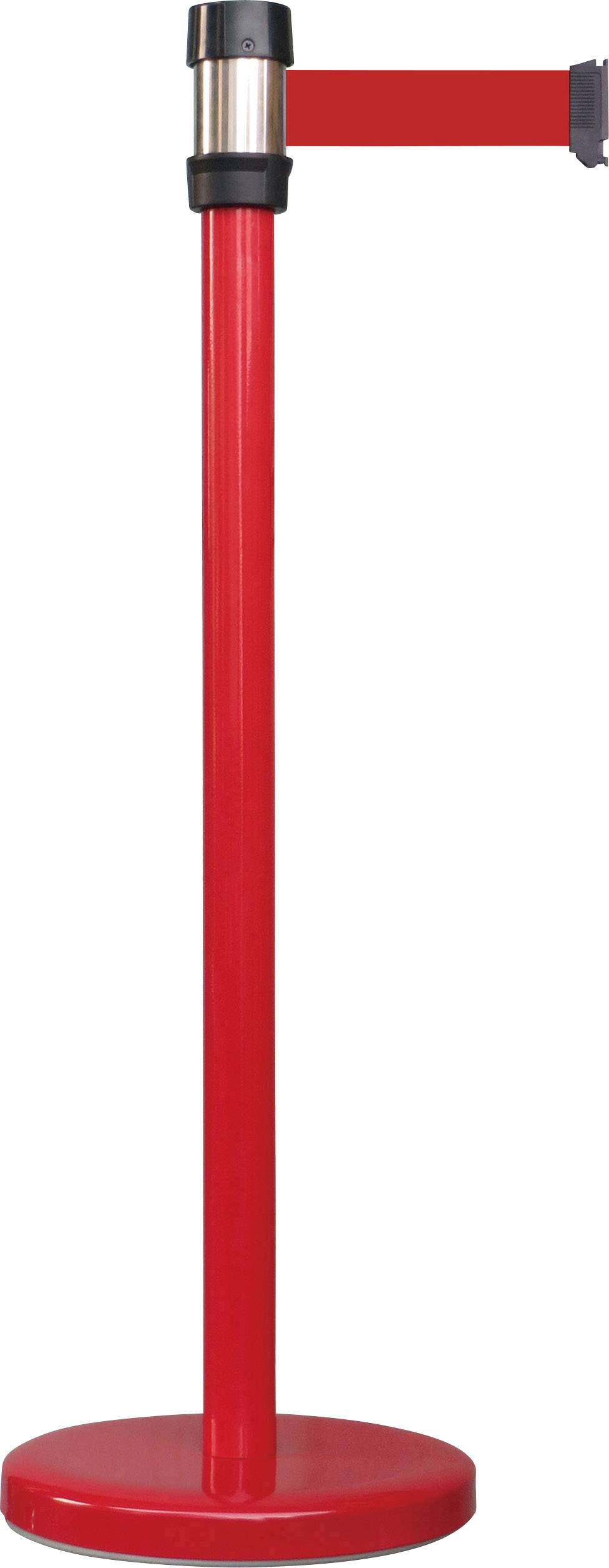 Ein roter Absperrpfosten mit einem ausziehbaren Band zur Personenführung in Warteschlangen.