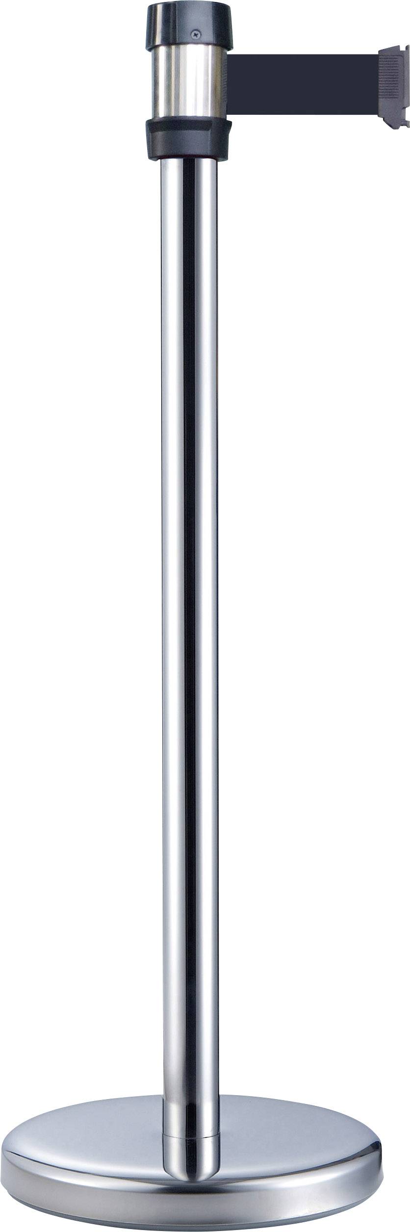 Metallischer Absperrpfosten mit rundem Standfuß und ausziehbarem Band, meist verwendet zur Zugangskontrolle.