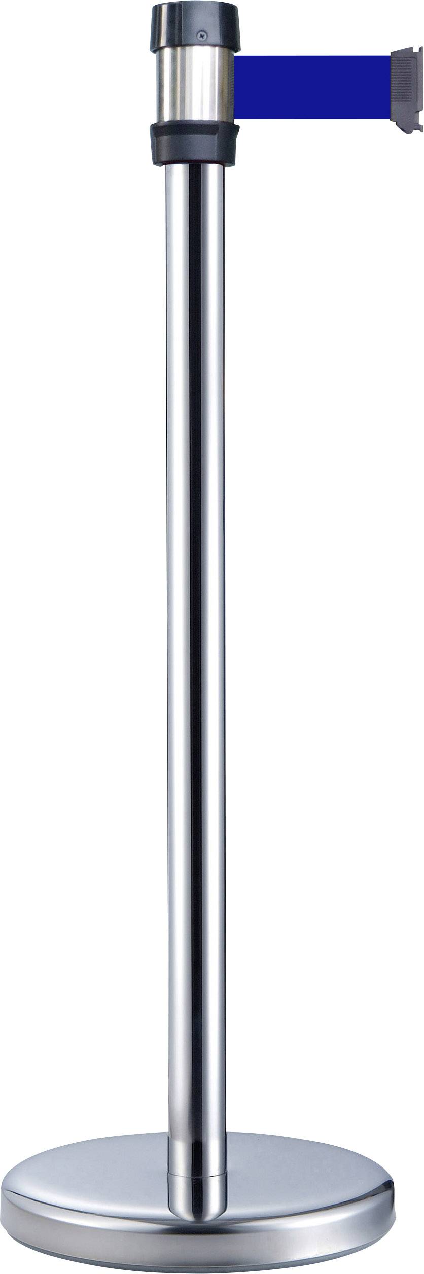 Ein silberner Absperrpfosten mit einer ausziehbaren blauen Absperrbandkassette oben. Der Pfosten steht auf einem runden Sockel.