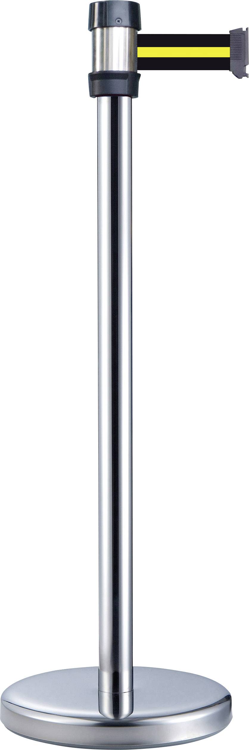 Stehender silberner Absperrpfosten mit schwarzem Gurt, der horizontal aus dem oberen Teil herausragt.